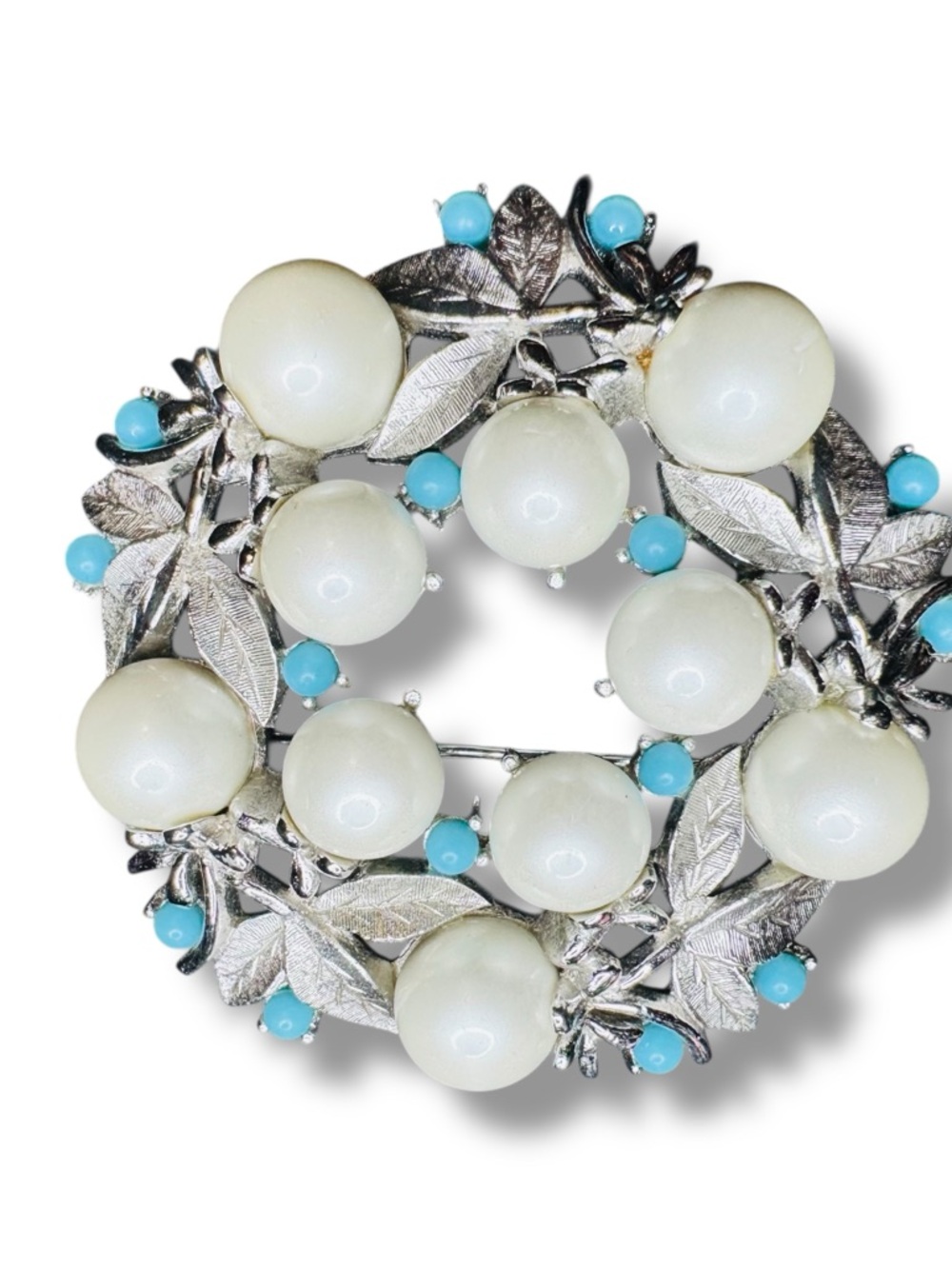 Vintage Sarah Coventry Wreath Brooch Pin Faux Pearl Turquoise Beads